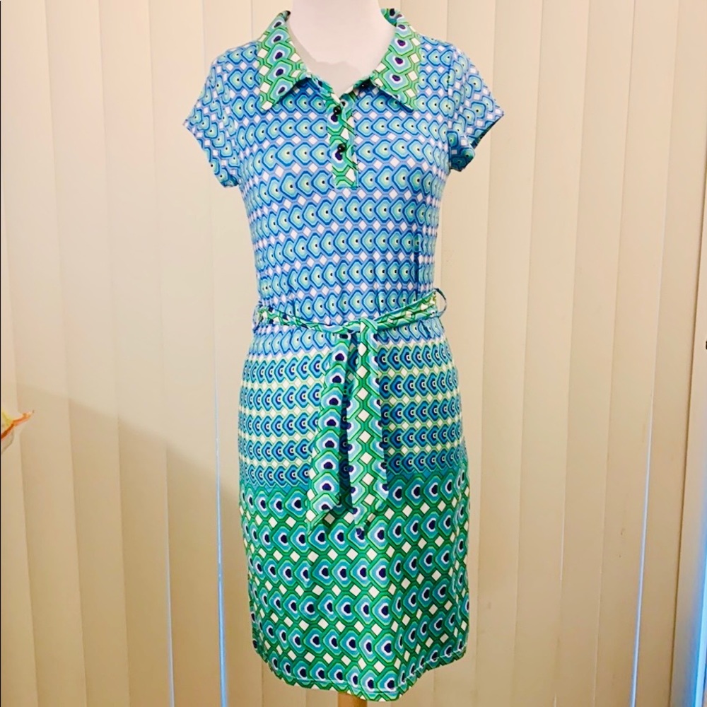 LAUNDRY by Shelli Segal blue/green retro geometric print dress.